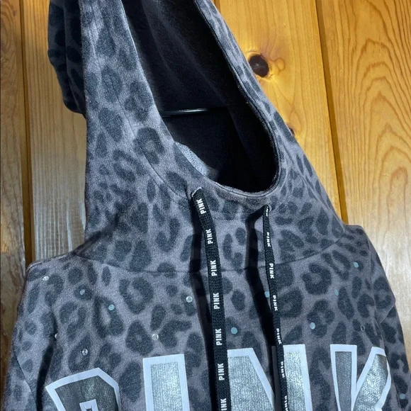 Victoria's Secret PINK Gray Hoodie size small bling cheetah print sweatshirt - Picture 4 of 6